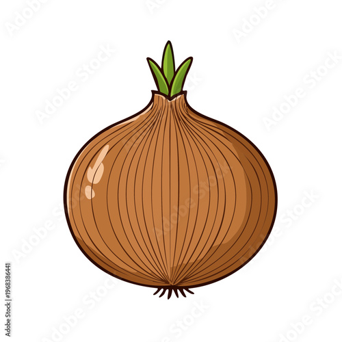 Illustration of a single brown onion with green sprouts on a white background