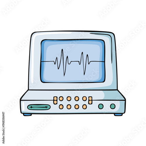 Hand drawn electrocardiograph monitor displays a healthy heart rhythm line on screen medical equipment illustration