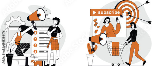 Women promoting products through notifications and subscriptions using megaphones and digital engagement tools