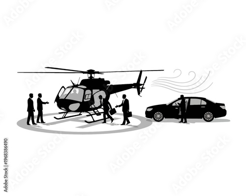 Corporate business people conduct high-level meeting transactions, arriving and departing by luxury helicopter and executive car transport.