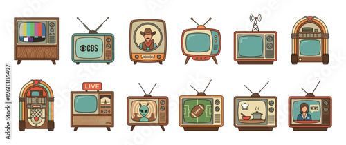 Collection of vintage television sets and jukeboxes illustrated in a colorful retro style, showing different broadcast programs like sports, news, westerns, and sci-fi