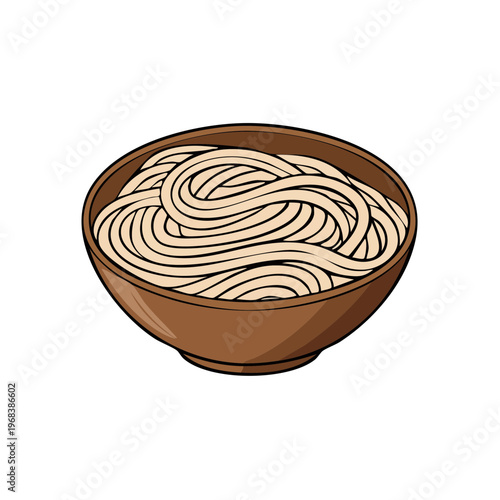Simple illustration of a wooden bowl filled with cooked spaghetti noodles
