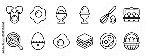 Set of egg and breakfast food icons featuring fried eggs, a boiled egg in a cup, a carton, a basket, a whisk, a timer, and a sandwich in a simple black linear art style