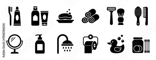 Black bathroom and personal care icons set featuring various hygiene and grooming items in a simple glyph style for web and graphic design