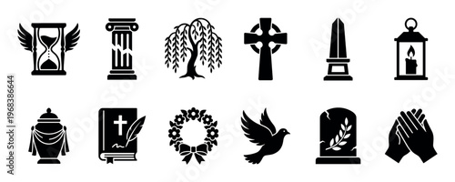 Set of black funeral and memorial icons including a cross, dove, urn, tombstone, and wreath, representing grief, death, and remembrance in a simple glyph vector style