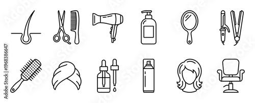 Hairdressing and beauty salon line icon set featuring various tools and equipment for hairstyling, care, and treatment in a minimalist black and white vector style