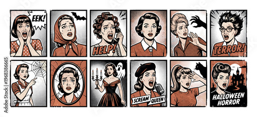 Collection of retro horror comic panels showing terrified women screaming in fear during Halloween-themed scary situations with ghosts, bats, and a haunted house in a vintage pop art style