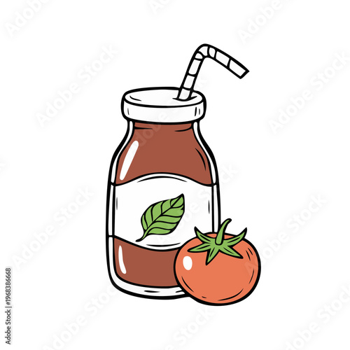 Hand drawn tomato juice in a bottle with a leaf and straw on white