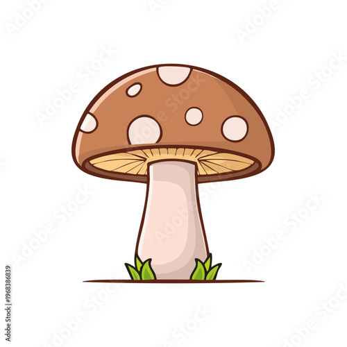 Cartoon mushroom with brown cap and white spots standing in green grass
