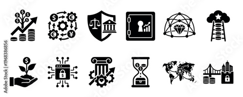 Collection of black finance and business icons representing investment, growth, currency exchange, security, and global trade in a simple glyph and pictogram style