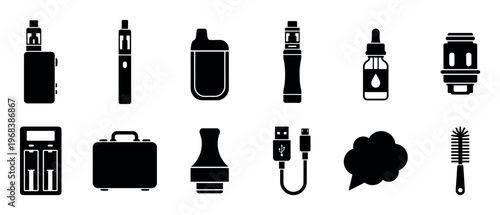 Black silhouette icons of vaping devices and accessories including e-cigarettes, mods, pods, e-liquid, coils, and a charger in a simple graphic illustration set