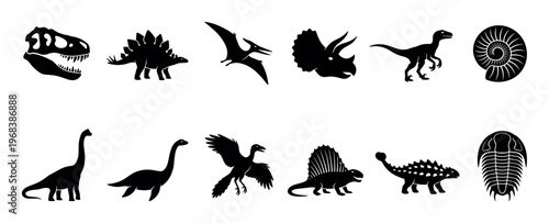 Collection of black dinosaur and prehistoric animal silhouettes in a minimalist graphic style, featuring a T-Rex skull, Stegosaurus, Pterodactyl, and ancient fossils