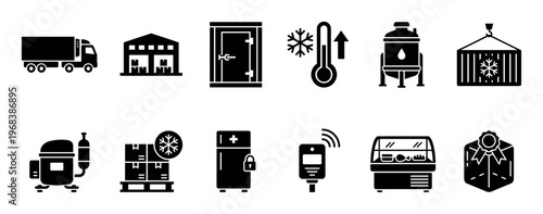 Collection of black glyph icons representing cold chain logistics, refrigeration, and frozen food transportation, including a truck, warehouse, freezer, and container symbols