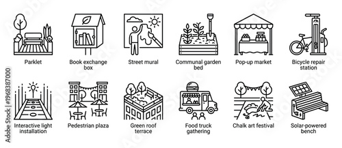 Set of twelve black line icons representing urban community activities like parklets, street murals, food trucks, and green roof terraces for city planning and placemaking concepts