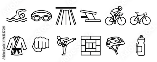 Set of black line art sport icons representing swimming, cycling, gymnastics, and martial arts, featuring a swimmer, goggles, bicycle, helmet, gi, and a kicking figure