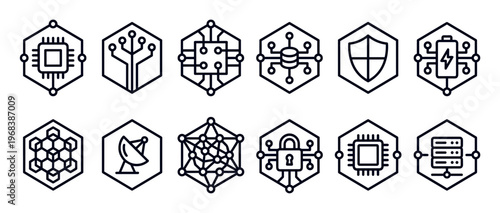 Set of black line art technology icons in hexagonal frames representing concepts like AI, blockchain, security, and data processing in a clean, minimalist, modern graphic style