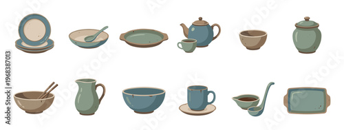Collection of rustic ceramic tableware items including plates, bowls, a teapot, and cups in a flat vector illustration style with muted earth tones for a cozy, handmade feel