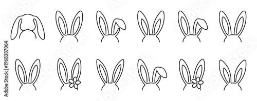 Collection of black line art bunny ears in various styles, including floppy ears and flower decorations, for a cute and simple Easter holiday design element