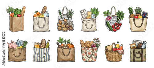 Collection of twelve illustrated grocery bags filled with fresh food, produce, bread, and dairy in a hand-drawn sketch style showing various reusable totes and a picnic basket