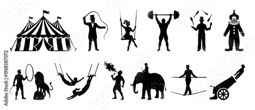Collection of black circus performer silhouettes with a distressed texture, featuring a tent, ringmaster, clown, strongman, juggler, acrobat, and animals for a vintage entertainment theme