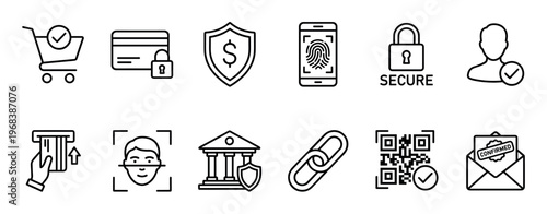 Secure online payment and e-commerce icons set featuring symbols for financial protection, biometric authentication, and transaction confirmation in a minimalist line art style