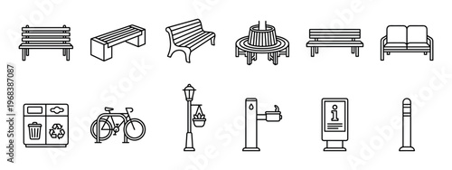 Set of urban park and street furniture icons featuring benches, a trash can, bicycle rack, lamppost, and drinking fountain in a clean black and white line art vector style