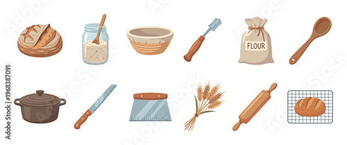 Collection of sourdough bread baking tools and ingredients including a loaf, starter, flour, and banneton in a flat cartoon vector illustration style