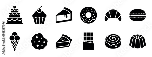 Black dessert and pastry solid glyph icons set featuring a variety of sweet foods including cake, cupcake, donut, pie, croissant, macaron, ice cream, and chocolate bar