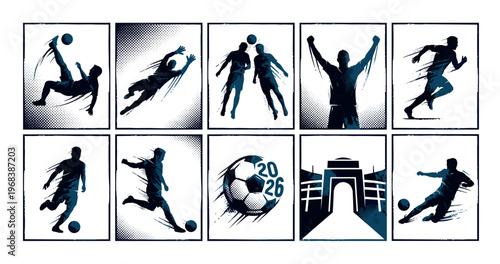 Set of ten dynamic football player silhouettes in a modern graphic style with halftone effects, depicting various match moments like scoring, saving, and celebrating victory