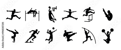 Set of black sport athlete silhouettes showing various disciplines like basketball, gymnastics, running, and volleyball in dynamic action poses for athletic event concepts
