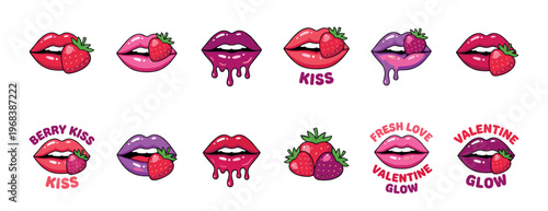 Collection of cartoon style lips with strawberries and dripping lipstick in a pop art sticker set for Valentine's Day, featuring romantic and playful designs with vibrant colors