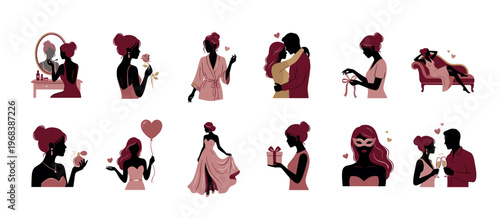 Collection of romantic silhouette illustrations featuring women and couples celebrating love, getting ready for a date, and enjoying moments of self-care and elegance