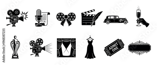 Set of black retro cinema icons for the film industry, including a vintage movie camera, microphone, clapperboard, award statuette, theatre stage, and classic car