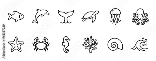 Set of twelve sea animal icons featuring a fish, dolphin, whale, turtle, jellyfish, octopus, starfish, crab, seahorse, coral, shell, and wave in a simple black line art style