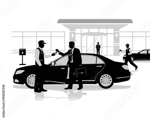A businessman receives keys from a professional valet driver for his luxury black car outside an upscale building entrance.