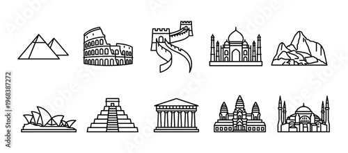 Collection of ten world landmark icons representing global travel, history, and architecture, including pyramids, an amphitheater, a great wall, a mausoleum, and ancient temples