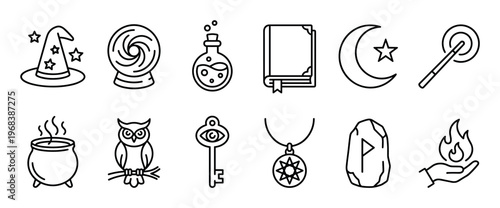 Set of black line art magic icons including a wizard hat, crystal ball, potion, spell book, cauldron, and owl for fantasy or witchcraft themes in a simple vector style