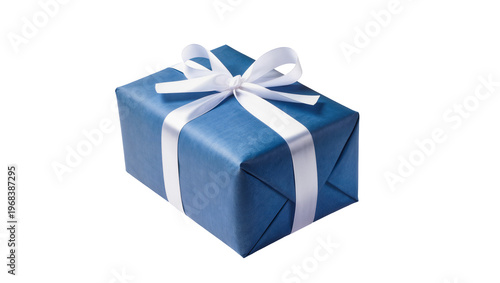 Luxurious blue gift box wrapped in shimmering paper adorned with a delicate satin ribbon bow, isolated on transparent background for promotional designs