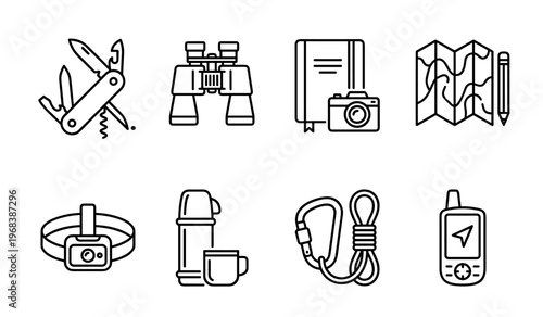 Set of eight black line icons for hiking and camping gear including a multi-tool knife, binoculars, map, GPS navigator, headlamp, thermos, camera, and carabiner