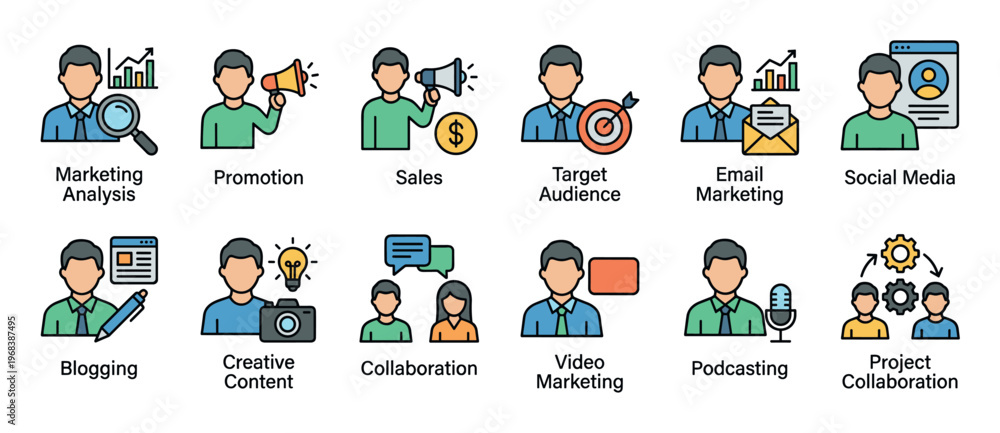 Fototapeta premium Colorful line icons for business and marketing showing promotion, sales, target audience, social media, blogging, podcasting, and project collaboration in a modern flat style