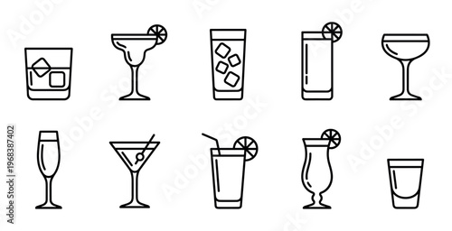 Set of ten different cocktail glass icons representing various alcoholic drinks in a clean, minimalist line art style for bar menus or party invitations