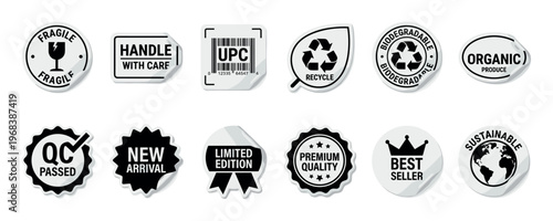 Collection of black and white commercial stickers and labels for packaging, shipping, and product marketing, including fragile, recycle, organic, and premium quality symbols