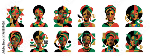 Collection of stylized geometric portraits of Black women with traditional headwraps and jewelry in a modern, flat vector art style celebrating cultural heritage and pride