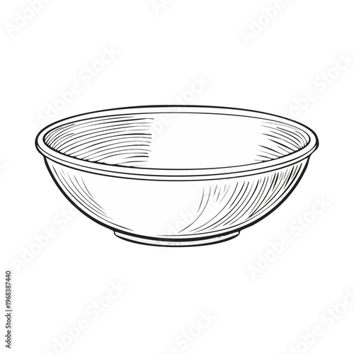 Hand-drawn illustration of a simple, empty bowl with hatching for shading and texture, isolated on white.
