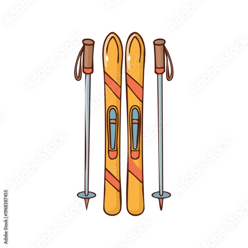 Yellow ski and poles cartoon drawing for winter sports and activities