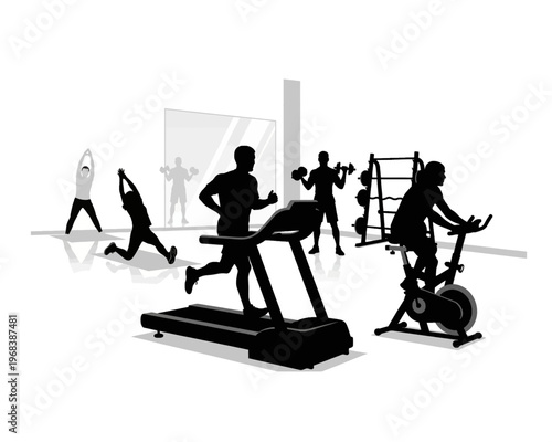 Energetic silhouettes of people performing diverse fitness exercises in a gym, highlighting health, wellness, and an active lifestyle.