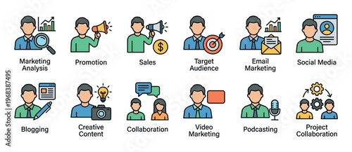 Colorful line icons for business and marketing showing promotion, sales, target audience, social media, blogging, podcasting, and project collaboration in a modern flat style