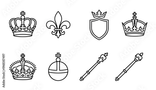 Set of royal heraldic symbols featuring crowns, a fleur-de-lis, shield, orb, and scepters rendered in a clean, minimalist black outline style for graphic design