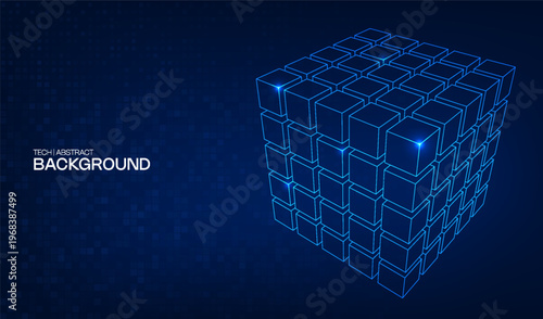 Abstract ai 3D cube digital design background technology and blue geometric element. Design network big data with box science and pattern block cyber. Tech concept abstract with futuristic lines.