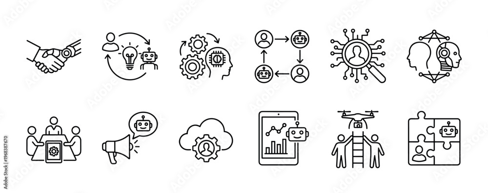 Obraz premium Set of black line icons representing artificial intelligence, robotics, and human-robot collaboration concepts like automation, machine learning, and future technology